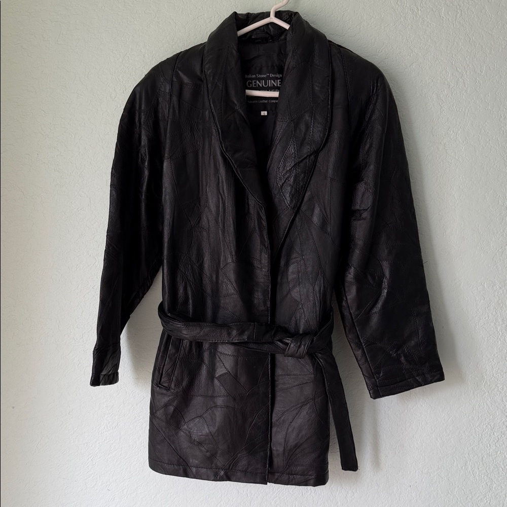 Leather Black Belted Jacket with Shawl Lapel